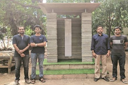 The founders of Tvasta with their 3D printed structure at IIT Madras