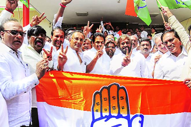 KPCC chief Dinesh Gundurao (fourth from left) and Congress state in-charge K C Venugopal (centre) in Bengaluru. (PTI) KPCC chief Dinesh Gundurao (fourth from left) and Congress state in-charge K C Venugopal (centre) in Bengaluru. (PTI)