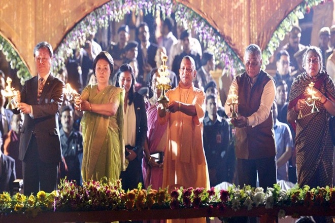 She began her Ayodhya tour by offering tributes at the Queen Heo Memorial. Accompanied by Adityanath, she attended a ground-breaking ceremony for the upgrade and beautification of the memorial dedicated to the legendary princess of Ayodhya who went to Korea and married a king there in 48 AD.  She began her Ayodhya tour by offering tributes at the Queen Heo Memorial. Accompanied by Adityanath, she attended a ground-breaking ceremony for the upgrade and beautification of the memorial dedicated to the legendary princess of Ayodhya who went to Korea and married a king there in 48 AD.