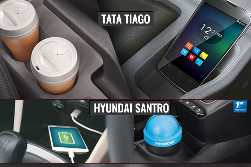 Once again, in terms of storage space and cubbies, both the Santro and the Tiago have plenty to offer. Although the Santro does get the Hyundai specific Swach Can that can be used as a mini waste disposal