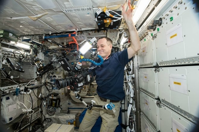 NASA astronaut Ricky Arnold does some filming on the International Space Station Oct. 3, 2018, with a Helium 8K camera, made by the digital cinema company RED. (NASA)
