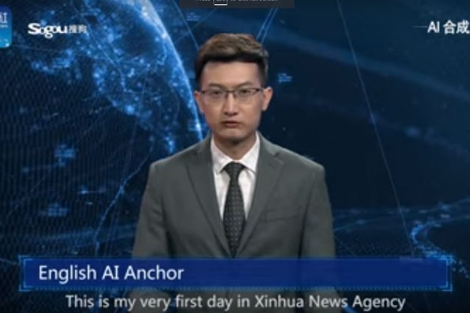 The world’s first Artificial Intelligence TV news anchor resembles a male human anchor and has the voice and facial expressions of a real person. (YouTube)