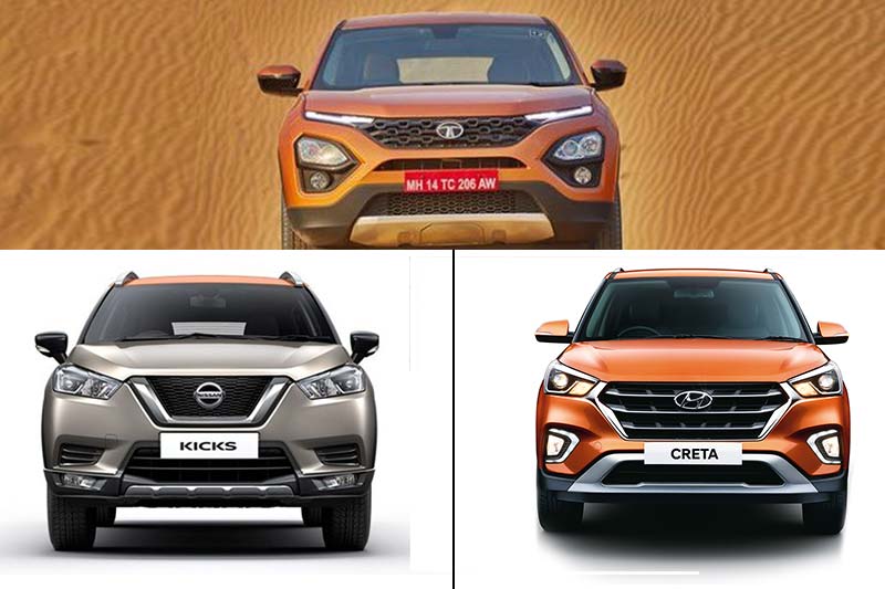 All three SUVs here namely the Tata Harrier, Nissan Kicks and Hyundai Creta get projector headlamps that offer better illumination than conventional units. However, the headlamps on the Harrier are positioned unconventionally below and the regular position where the headlamps are generally located have been occupied by the sleek LED DRLs that look aggressive.