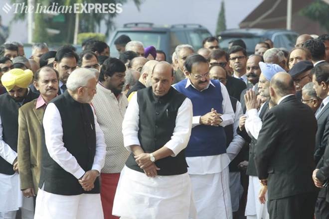 Prime Minister Narendra Modi seen along with Home Minister Rajnath Singh as former Prime Minister Manmohan Singh greets Vice President Venkaiah Naidu amidst various parliamentarians during the ceremony (Prime Minister Narendra Modi seen along with Home Minister Rajnath Singh as former Prime Minister Manmohan Singh greets Vice President Venkaiah Naidu amidst various parliamentarians during the ceremony (Prime Minister Narendra Modi seen along with Home Minister Rajnath Singh as former Prime Minister Manmohan Singh greets Vice President Venkaiah Naidu amidst various parliamentarians during the ceremony (Prime Minister Narendra Modi seen along with Home Minister Rajnath Singh as former Prime Minister Manmohan Singh greets Vice President Venkaiah Naidu amidst various parliamentarians during the ceremony (express photo by Praveen Jain)