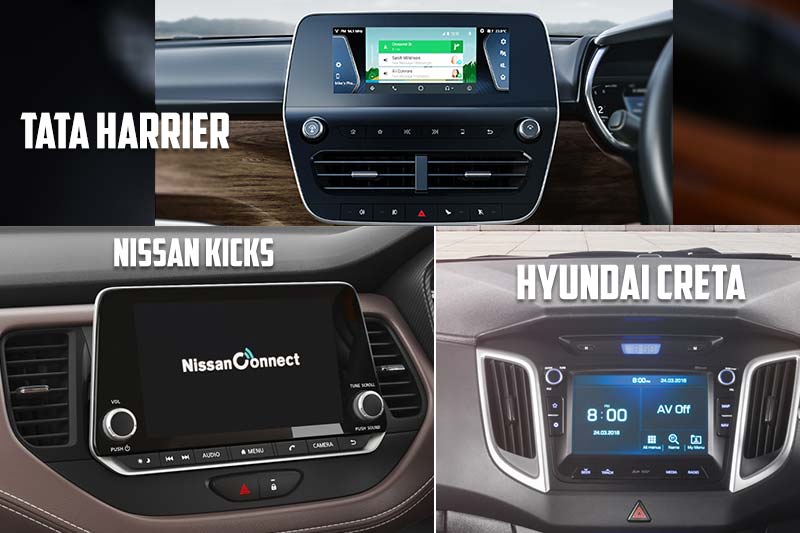 All three SUVs here get a touchscreen infotainment system. While the units on the Hyundai Creta and Nissan Kicks support both Android Auto and Apple CarPlay, the one on the Harrier supports only Android Auto while Apple CarPlay connectivity might be offered in near future.
