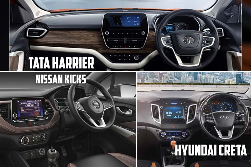 Nissan Kicks has a quite different colour scheme for the cabin and the dashboard uses soft touch leather material. The Tata Harrier on the other hand has a wooden theme for the dashboard and this coupled to the aluminium accents enhance the overall appeal. However, it is the Hyundai Creta that still has the best build quality and feels the most premium out of the the three SUVs listed here.