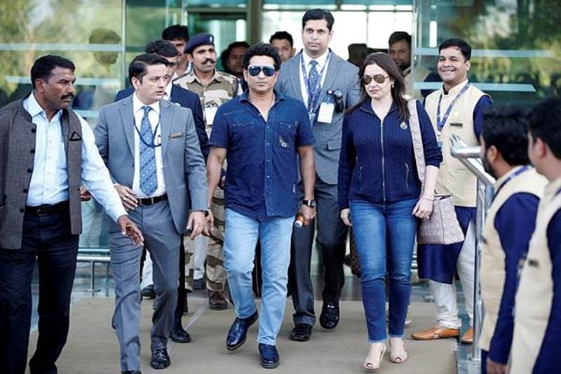 Former Indian cricketer Sachin Tendulkar who is known for his association with Ambani's Mumbai Indians came along with wife Anjali Tendulkar in Udaipur for the pre-wedding celebrations. (Image: Reuters)