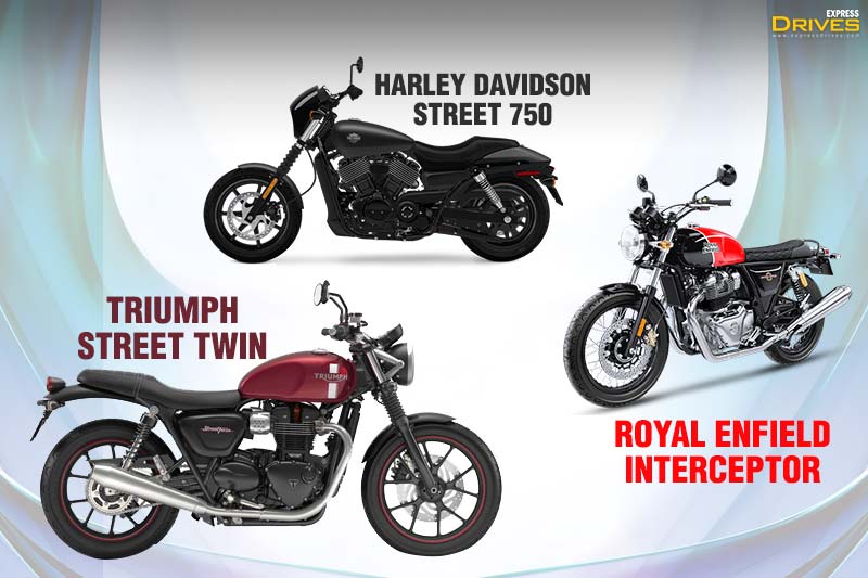 Royal Enfield Interceptor 650, Harley Davidson Street 750 and Triumph Street Twin are three premium cruiser motorcycles that have spiced up the middleweight cruiser territory. Here we pit the three against each other to tell you which one is the best. However, it has to be noted that Interceptor is the most affordable of the lot while Street 750 demands a significant premium due to the more complex liquid-cooled engine set up and of course, the American brand value. Last, it is the Triumph that offers the best fit and finish and equipment and hence, costs the most.