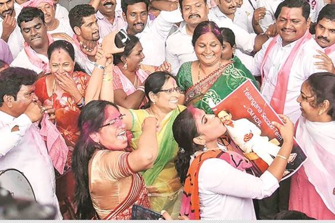TRS workers celebrate in Hyderabad on Tuesday (PTI) TRS workers celebrate in Hyderabad on Tuesday (PTI)