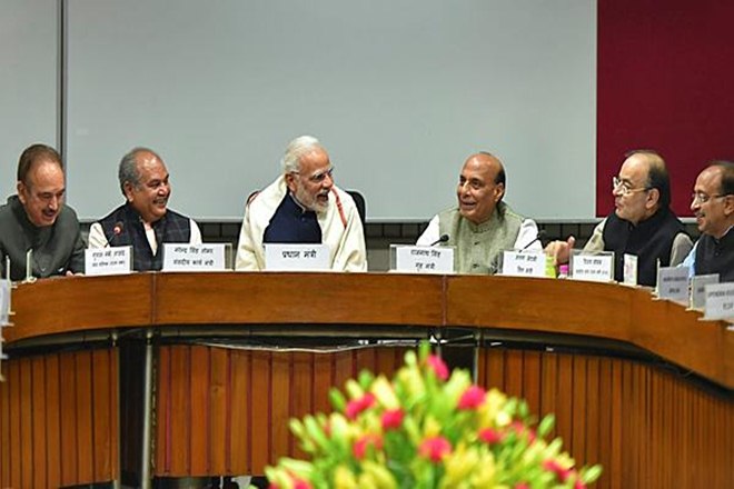 PM Narendra Modi, Union Home Minister Rajnath Singh, Finance Minister Arun Jaitley, MoS Parliamentary Affairs Vijay Goel, Union Minister Narendra Singh Tomar and Congress Party leader Ghulam Nabi Azad at an all-party meeting, ahead of the Winter Session of Assembly. (PTI Photo/Kamal Kishore)