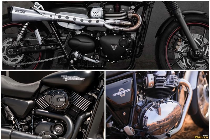 Royal Enfield Interceptor gets power from a 648cc, twin cylinder, liquid-cooled engine that produces 47 bhp of power and 52 Nm of torque. Harley Davidson Street 750 gets a liquid-cooled, V-twin engine that generates 59 Nm and last, the Triumph Street Twin gets a 900cc, liquid-cooled, parallel twin motor that is good for 54 bhp and 80 Nm.