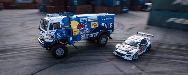 Video: 9 Ton Dakar Truck insanely drifting with car! Watch both break physics and slay tyres!