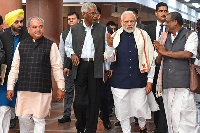 Prime Minister Narendra Modi, Union Minister Narendra Singh Tomar, Congress Party leader, CPI leader D Raja and other leaders arrive to attend an all-party meeting, ahead of the Winter Session of Assembly, in New Delhi. (PTI photo) Prime Minister Narendra Modi, Union Minister Narendra Singh Tomar, Congress Party leader, CPI leader D Raja and other leaders arrive to attend an all-party meeting, ahead of the Winter Session of Assembly, in New Delhi. (PTI photo)