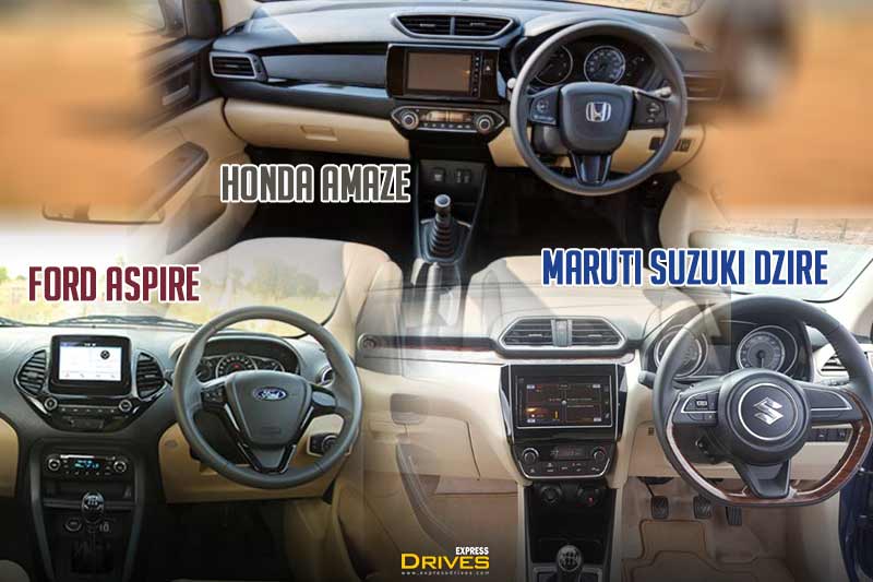 All three cabins use a combination of black and beige to make the interiors feel more spacious. However in comparison to the Honda and the Maruti Suzuki, Ford's Aspire compact sedan does feel missing a little bit in terms of aesthetics although it doesnt really miss out on any major features!