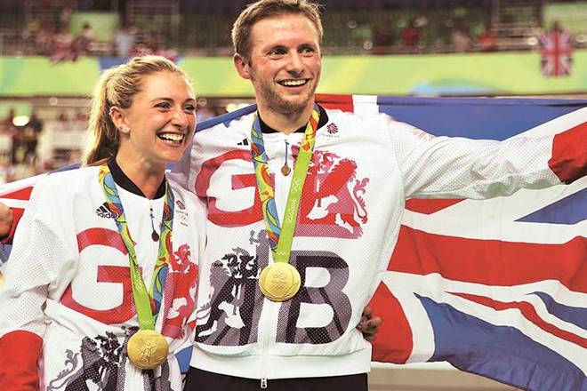 British track cyclists Laura Trott and Jason Kenny after winning gold medals at the 2016 Rio Olympics. The book emphasises the tale of the UK’s success in sporting events following the country’s efforts in analytics and reviews (Reuters photo)