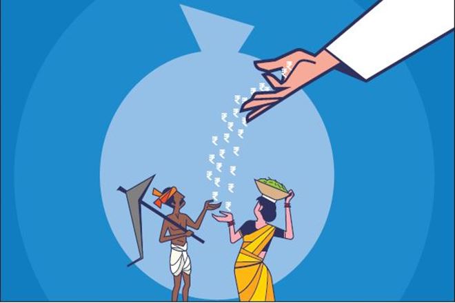 The PM Kisan Samman Nidhi Yojana, a basic income scheme for farmers, envisages a Budget outlay of Rs75,000 crore for 2019-20, and will provide 12 crore small and marginal farmers an amount of Rs6,000 annually. (Illustration: Shyam Kumar Prasad)