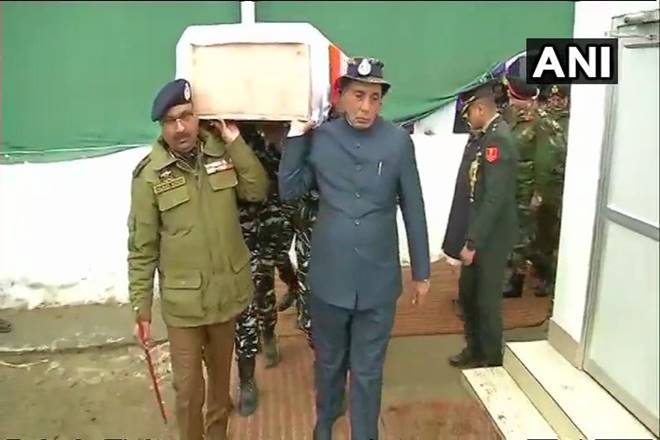 Singh helped carry the coffin of a slain CRPF jawan before it was flown out of Jammu and Kashmir in a special aircraft, an official present at the function said. Singh helped carry the coffin of a slain CRPF jawan before it was flown out of Jammu and Kashmir in a special aircraft, an official present at the function said.