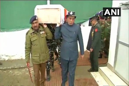 Singh helped carry the coffin of a slain CRPF jawan before it was flown out of Jammu and Kashmir in a special aircraft, an official present at the function said. 