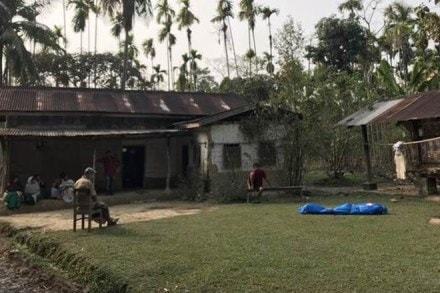 Relatives and neighbours at the house of Jagat Phukan in Jagibari village of Golaghat — one of the victims whose body lies packed in blue. Relatives and neighbours at the house of Jagat Phukan in Jagibari village of Golaghat — one of the victims whose body lies packed in blue.