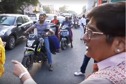 Video: Kiran Bedi scolds riders for not wearing helmet