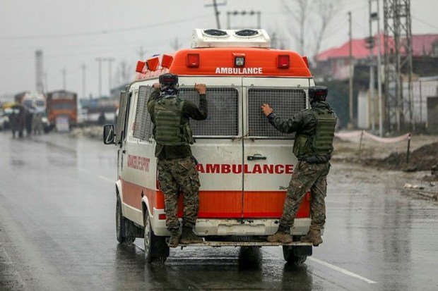An ambulance carrying injured CRPF jawans from the site of suicide bomb attack (PTI Photo/S Irfan)