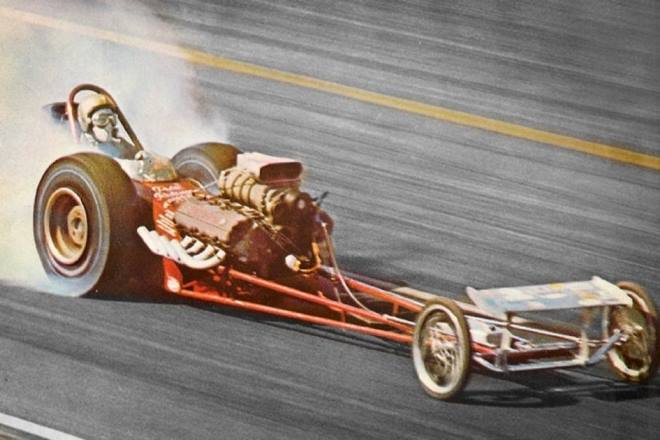 Sneaky Pete Robinson's Jumping Jack Dragster: This car, the racing officials said had crossed the line. The Jumping Jack, as the name suggests, two jack stands at the back on which the car could be lifted, and the driver could build up revs before setting off the line. The jacks were controlled by a lever. When the light went green, Sneaky Pete would drop the rear end and the car would hit the drag strip with its wheels already spinning, while the other drivers would only be beginning to rev. After one race, the jack device was banned by the National Hot Rod Association, the governing body of drag racing. (source: Philpot) (Image source: Insomnia Cured Here)