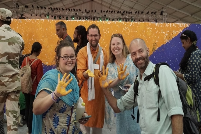 The authorities of Prayagraj Mela Pradhikaran have set a new Guinness World Record for "Most contribution to a Handprint Painting in 8 hours" on Friday. (Twitter) The authorities of Prayagraj Mela Pradhikaran have set a new Guinness World Record for "Most contribution to a Handprint Painting in 8 hours" on Friday. (Twitter)