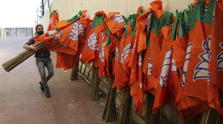 Bharatiya Janata Party (BJP) workers raise their party flag. Bharatiya Janata Party (BJP) workers raise their party flag.