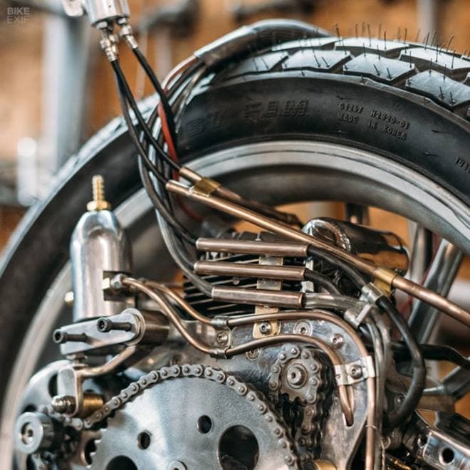 It has been fitted with an electric starter, but there are technically three engines which have to be cranked all at once. Hence, Craig built a Bendix drive so the starter would disengage once the engine were running.