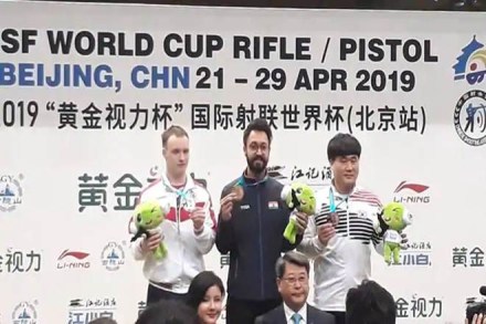 Abhishek Verma at the podium with his gold medal. (Source: NRAI Twitter) Abhishek Verma at the podium with his gold medal. (Source: NRAI Twitter)