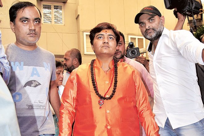 Sadhvi Pragya Singh Thakur after she was declared BJP’s candidate for the Bhopal constituency, at BJP’s state headquarters in the city on Wednesday Sadhvi Pragya Singh Thakur after she was declared BJP’s candidate for the Bhopal constituency, at BJP’s state headquarters in the city on Wednesday
