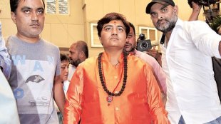 Sadhvi Pragya Singh Thakur after she was declared BJP’s candidate for the Bhopal constituency, at BJP’s state headquarters in the city on Wednesday