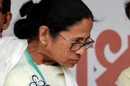Asansol: West Bengal Chief Minister and Trinamool Congress chief Mamata Banerjee speaks with party candidate from Asansol seat Moonmoon Sen during an election rally for Lok Sabha polls, in Asansol, Friday, April 26, 2019. (PTI Photo) (PTI4_26_2019_000170B)