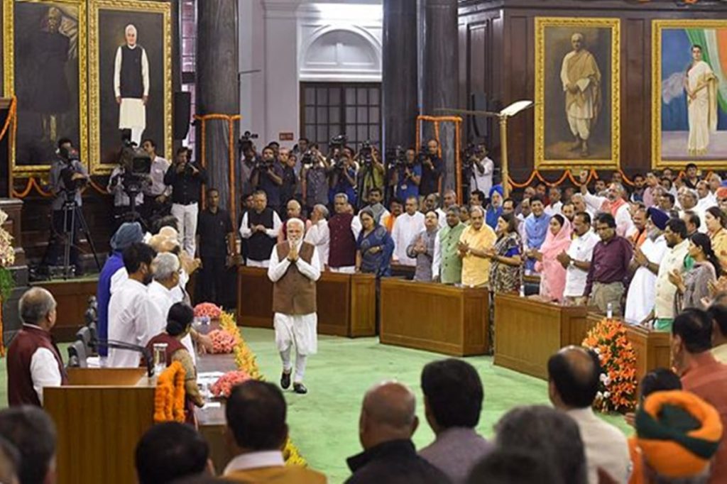 Prime Minister Narendra Modi arrives to address NDA parliamentary board meeting, at Central Hall of Parliament House, in New Delhi on Saturday. (PTI Photo)