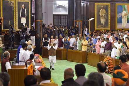 Prime Minister Narendra Modi arrives to address NDA parliamentary board meeting, at Central Hall of Parliament House, in New Delhi on Saturday. (PTI Photo)
