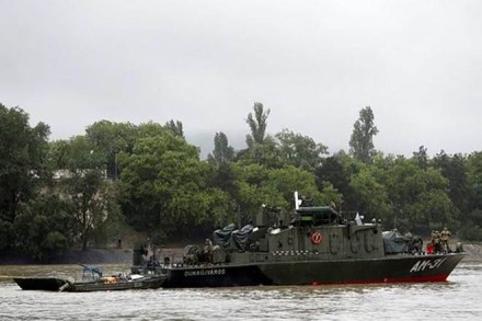 A Hungarian army boat is seen after a ship accident that killed several people on the Danube river in Budapest. (Reuters)