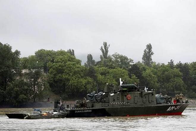 A Hungarian army boat is seen after a ship accident that killed several people on the Danube river in Budapest. (Reuters)