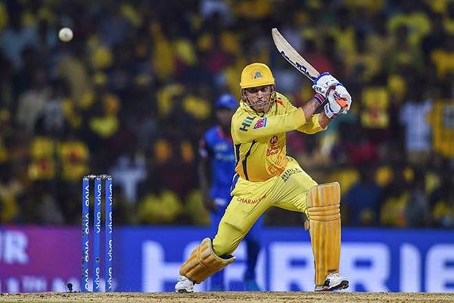 Chennai Super Kings skipper MS Dhoni plays a shot during the Indian Premier League 2019 cricket match against Delhi Capitals at MAC Stadium in Chennai. (PTI Photo)