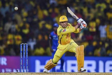 Chennai Super Kings skipper MS Dhoni plays a shot during the Indian Premier League 2019 cricket match against Delhi Capitals at MAC Stadium in Chennai. (PTI Photo)