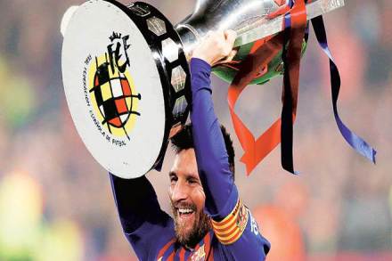 Lionel Messi celebrating winning La Liga with the trophy. (Reuters) Lionel Messi celebrating winning La Liga with the trophy. (Reuters)