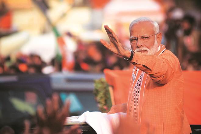 Narendra Modi during his road show in Varanasi on April 25 . Asked about the 2018 Assembly election results, he said, ‘The Congress could not form a full majority govt in MP, Rajasthan... The results, in a way, were a confidence-builder for party cadres’