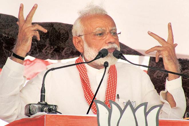 PM Modi at an election rally in Sonbhadra, Saturday (PTI photo)