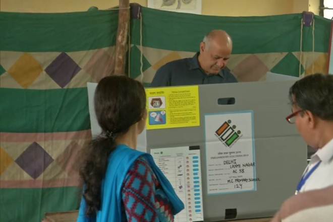 Delhi Deputy CM Manish Sisodia casting vote at a polling station in Pandav Nagar (ANI Photo)