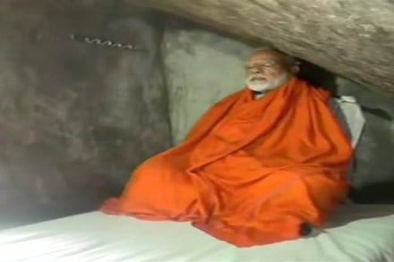 Prime Minister Narendra Modi meditates at a cave near Kedarnath Shrine in Uttarakhand. (ANI)