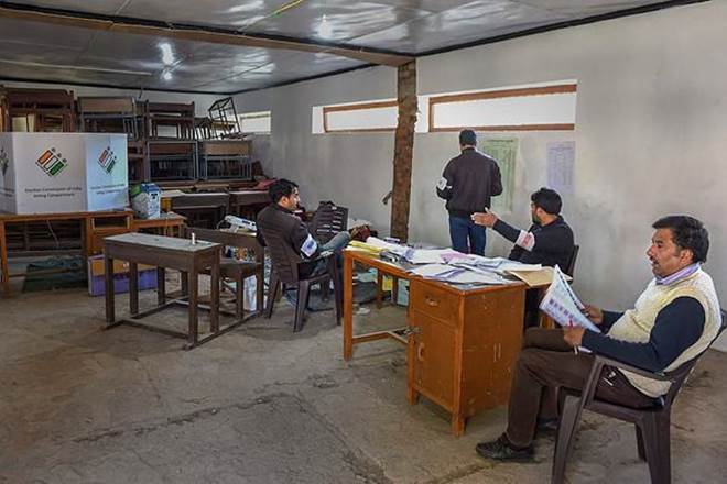 A view of a booth at a polling station during the fifth phase of Lok Sabha elections, in Shopian district.