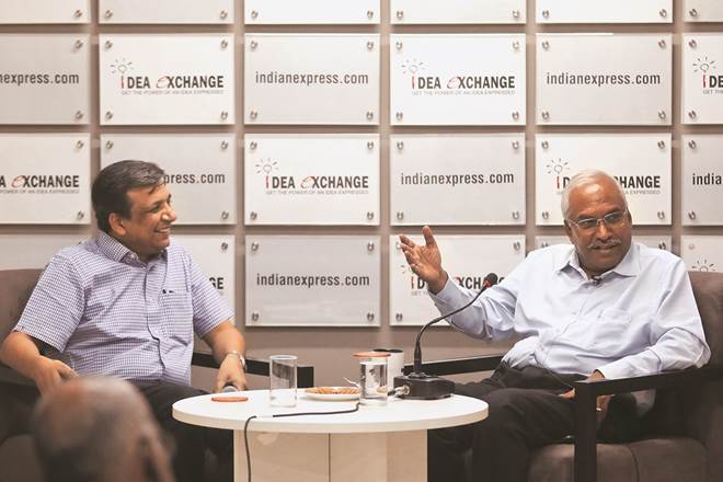 IMD Director General KJ Ramesh with Pune Resident Editor Amitabh Sinha in The Indian Express newsroom in Delhi ABHINAV SAHA