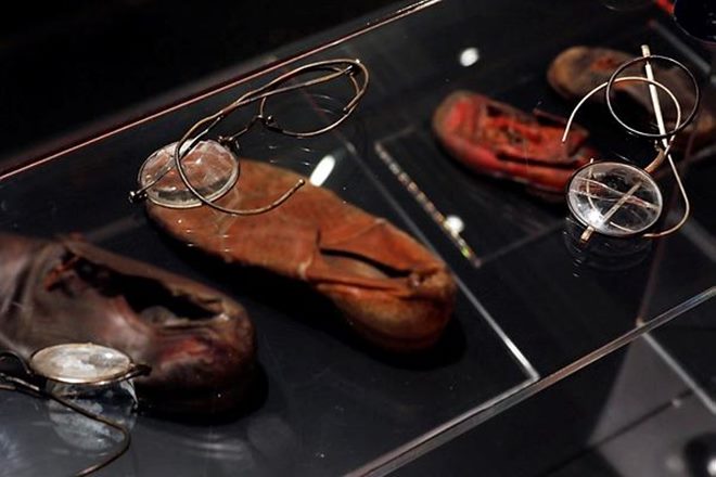 Eye glasses and shoes from Auschwitz are displayed in the "Auschwitz: Not long ago, Not far away" exhibit at the Museum of Jewish Heritage, in New York, Thursday, May 2, 2019. The exhibit runs from May 8, 2019 until Jan. 3, 2020. (AP Photo/Richard Drew)
