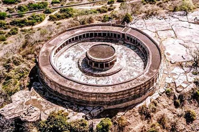 Chausath Yogini temple (Ekattarso Mahadeva Temple) in Morena - 
This temple is situated on top of a small hill, and shows a circular plan. The temple is built on a high plinth and shows pillared cloisters that run around the wall facing an open courtyard. (Image: Monidipa Dey)
