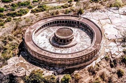 Chausath Yogini temple (Ekattarso Mahadeva Temple) in Morena - 
This temple is situated on top of a small hill, and shows a circular plan. The temple is built on a high plinth and shows pillared cloisters that run around the wall facing an open courtyard. (Image: Monidipa Dey)