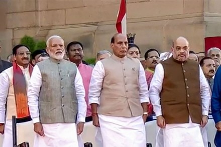 Prime Minister Narendra Modi with Rajnath Singh, Amit Shah, Nitin Gadkari and other NDA leaders before taking oath during the swearing-in ceremony at the forecourt of Rashtrapati Bhawan in New Delhi. (PTI Photo) Prime Minister Narendra Modi with Rajnath Singh, Amit Shah, Nitin Gadkari and other NDA leaders before taking oath during the swearing-in ceremony at the forecourt of Rashtrapati Bhawan in New Delhi. (PTI Photo)